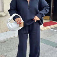 Damen bequemer Fleece-Athleisure-Anzug mit Stehkragen und Reißverschluss WW