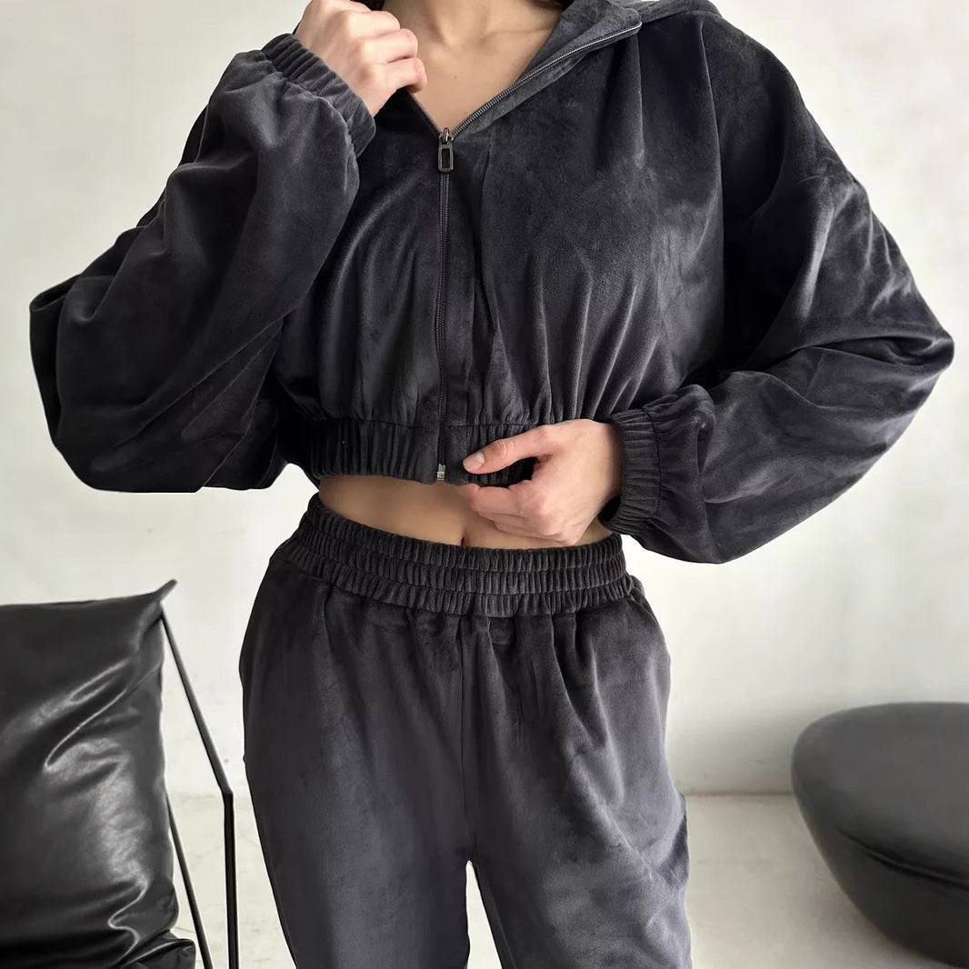 Damen sportlich-eleganter Fleece-Trainingsanzug mit hoher Taille und Reißverschluss WW