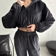 Damen sportlich-eleganter Fleece-Trainingsanzug mit hoher Taille und Reißverschluss WW