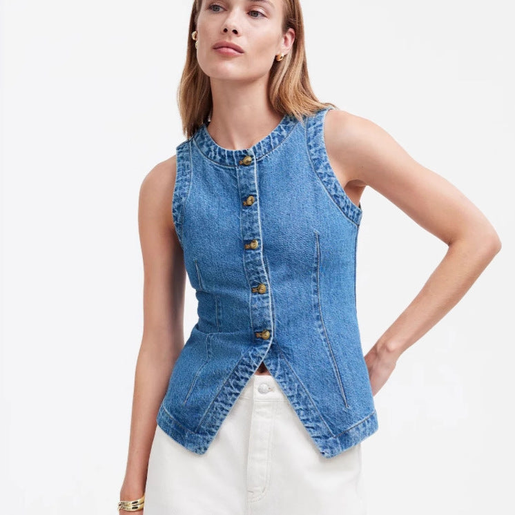 Damen Jeansweste mit Knopfleiste und seitlichen Eingrifftaschen WW