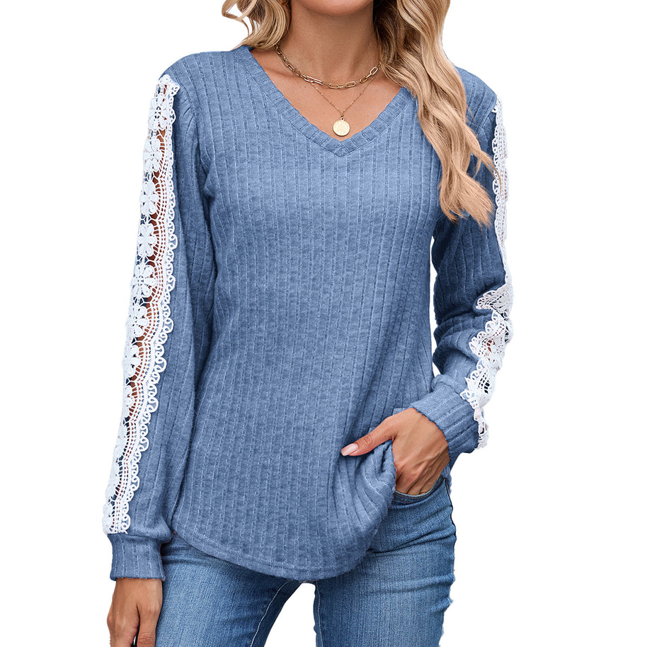 Damen Relaxed Fit V-Ausschnitt Pullover mit Spitzenakzenten WW