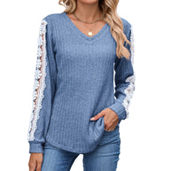 Damen Relaxed Fit V-Ausschnitt Pullover mit Spitzenakzenten WW