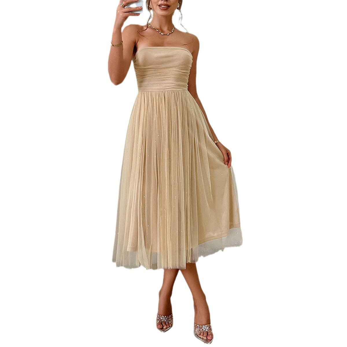 Damen Cocktailkleid mit gerafftem Oberteil und schwingendem Tüllrock WW