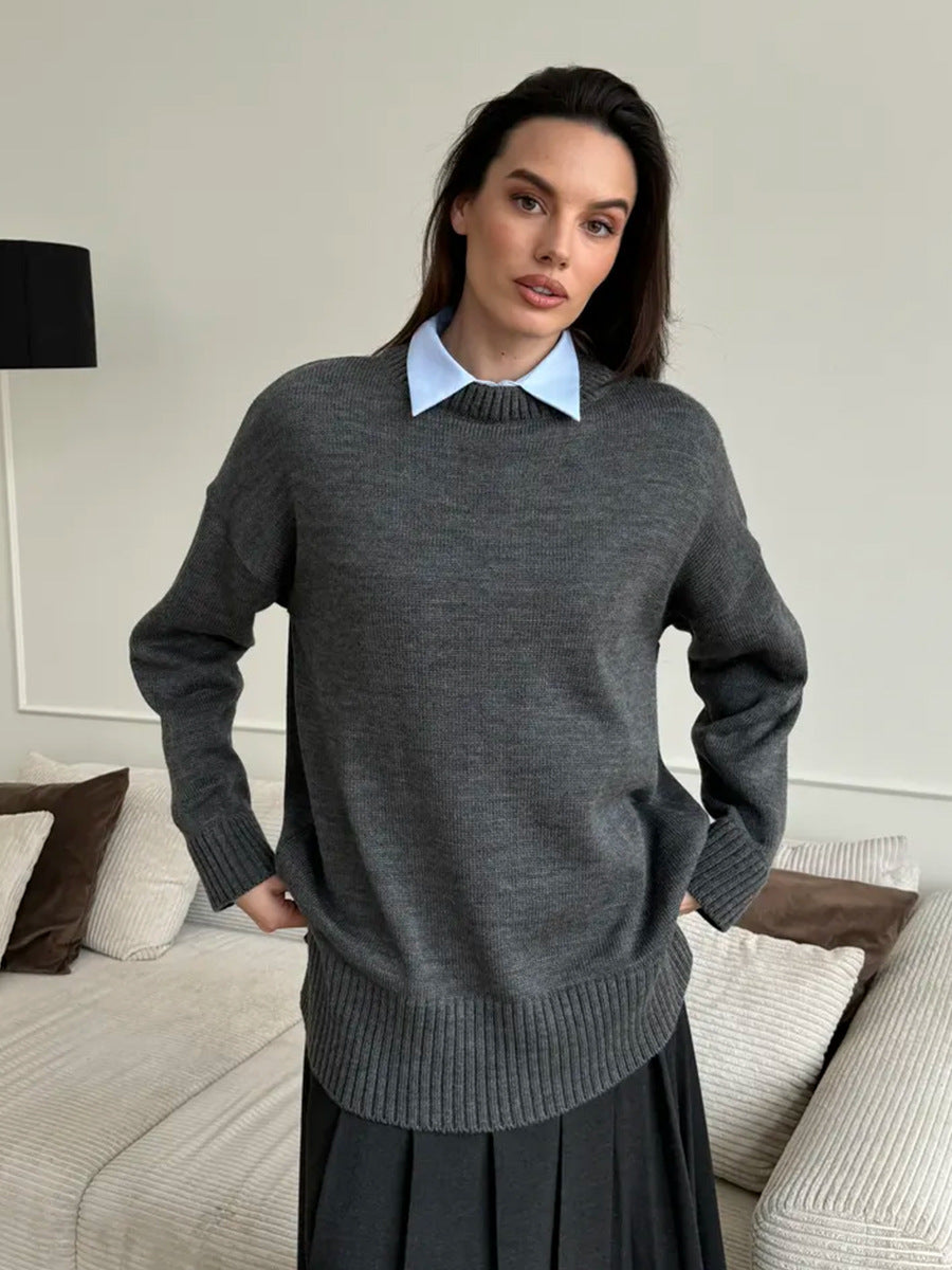 Damen Bequemer und eleganter Strickpullover mit seitlichem Schlitz WW