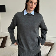 Damen Bequemer und eleganter Strickpullover mit seitlichem Schlitz WW