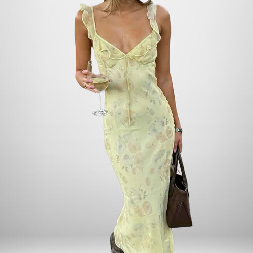 Damen Maxikleid mit zartem Blumenmuster und femininem Rüschendesign WW