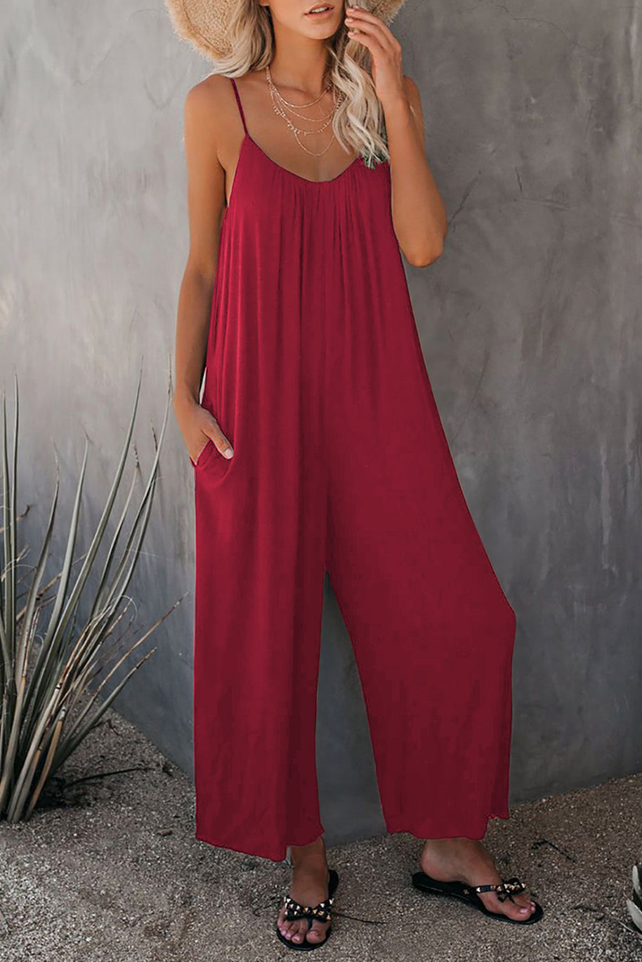 Damen lässiger Jumpsuit mit dekorativen Trägern und leichtem, fließendem Stoff WW