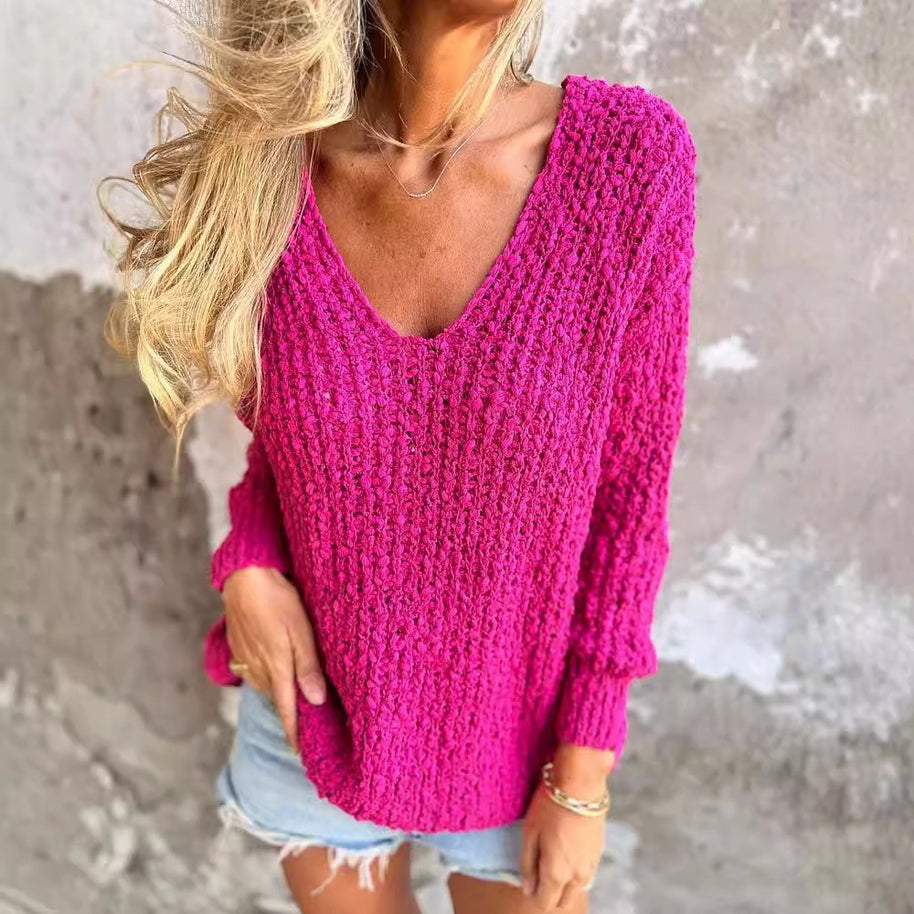 Damen Bequemes V-Ausschnitt Sweatshirt mit Struktur und langen Ärmeln WW