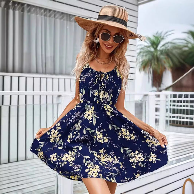Damen Blumenkleid mit verstellbaren Spaghettiträgern und elastischem Taillenbund WW