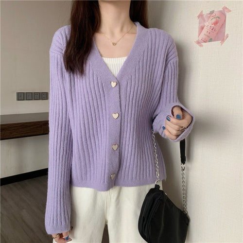 Damen Rippenstrick Cardigan mit herzförmigen Knöpfen WW