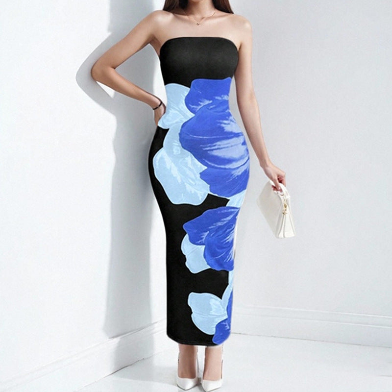 Damen Etui Maxikleid mit schulterfreiem Design und floralem Druck WW
