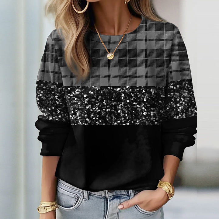 Damen Glitzer-Sweatshirt mit Karomuster und lässigem Schnitt W&W Mode
