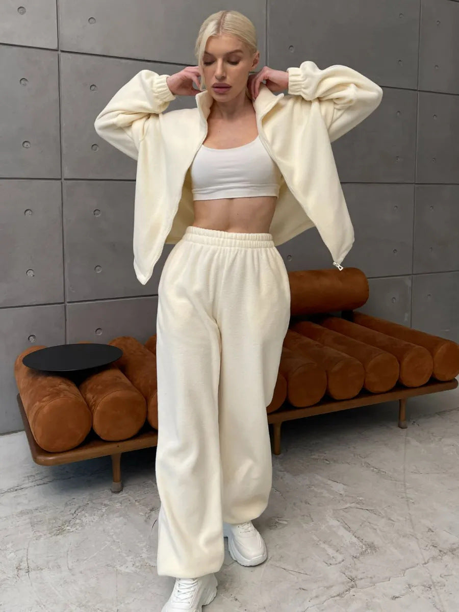 Damen bequemer Fleece-Jogginganzug mit hochschließendem Reißverschluss und weitem Schnitt WW