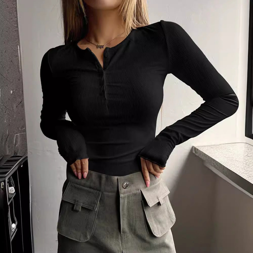 Damen schmeichelhaftes Langarm-Bodyshirt mit Knopfleiste WW