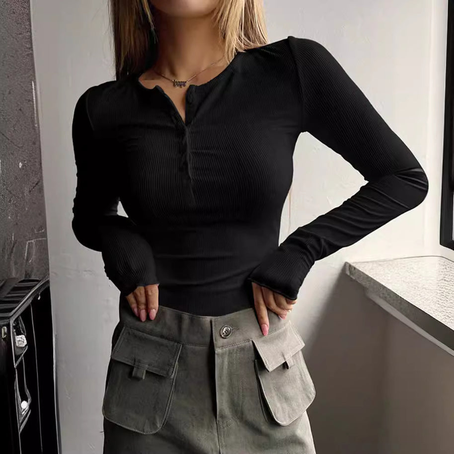 Damen schmeichelhaftes Langarm-Bodyshirt mit Knopfleiste WW