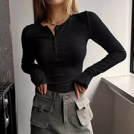 Damen schmeichelhaftes Langarm-Bodyshirt mit Knopfleiste WW