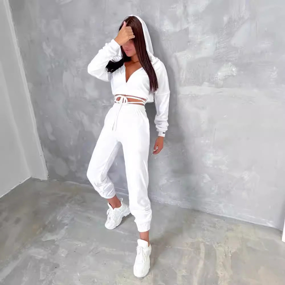 Damen sportlicher Cropped Fleece-Jogginganzug mit Reißverschluss und praktischen Taschen WW