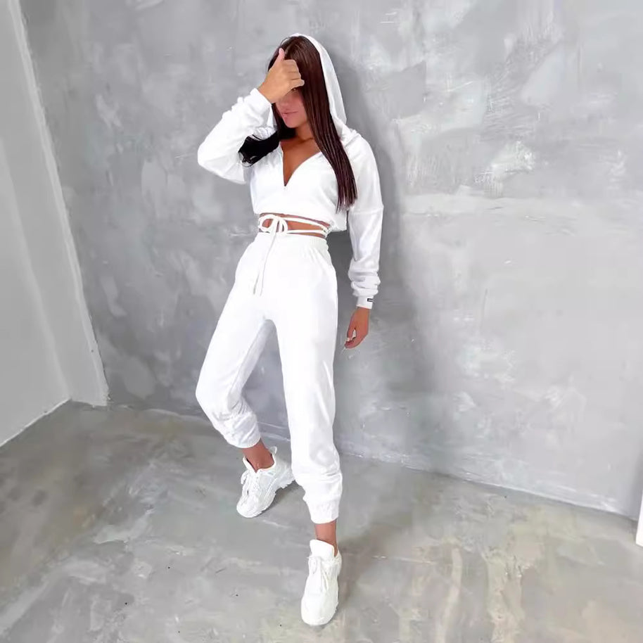 Damen sportlicher Cropped Fleece-Jogginganzug mit Reißverschluss und praktischen Taschen WW