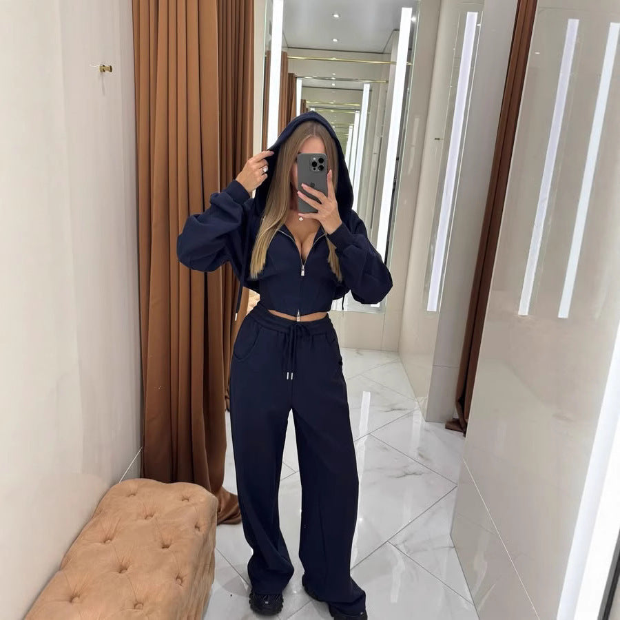 Damen sportliches und elegantes Sweatset mit hohem Kragen und weit geschnittenen Hosen WW