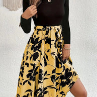 Damen Set aus langärmligem Oberteil und lässigem, floralem Rock WW