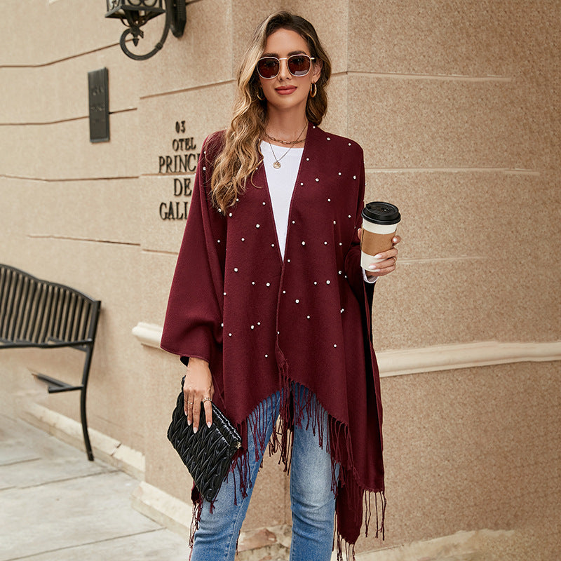 Damen Eleganter Poncho mit floralem Stickmuster und fransigen Kanten WW