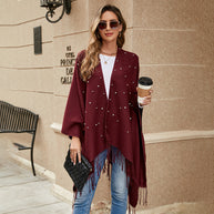 Damen Eleganter Poncho mit floralem Stickmuster und fransigen Kanten WW