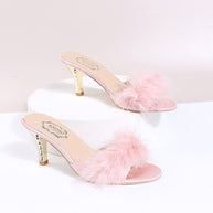 Damen schicke Pantoletten mit glamourösem Federdesign und elegantem Absatz WW