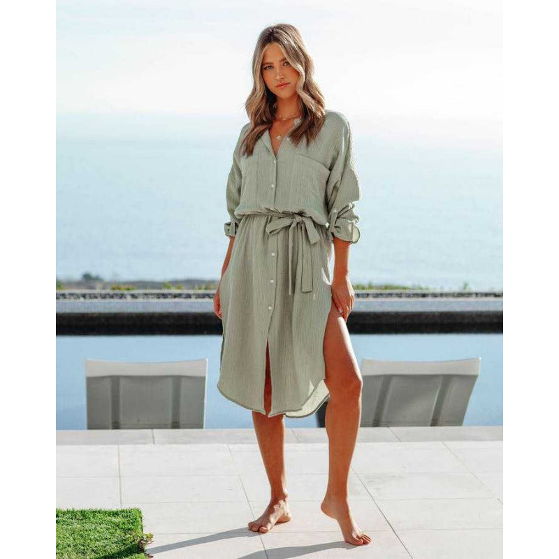 Damen Button-Down Hemdkleid mit verstellbarem Taillenschnürung WW