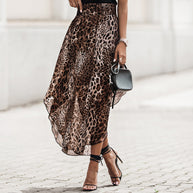 Damen eleganter Maxirock mit asymmetrischem Saum und tierischem Leopardenmuster WW