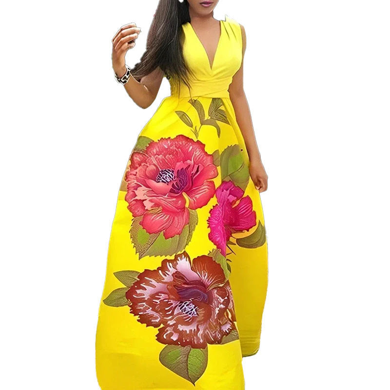 Damen Maxikleid mit elegantem V-Ausschnitt und blühendem Design W&W Mode