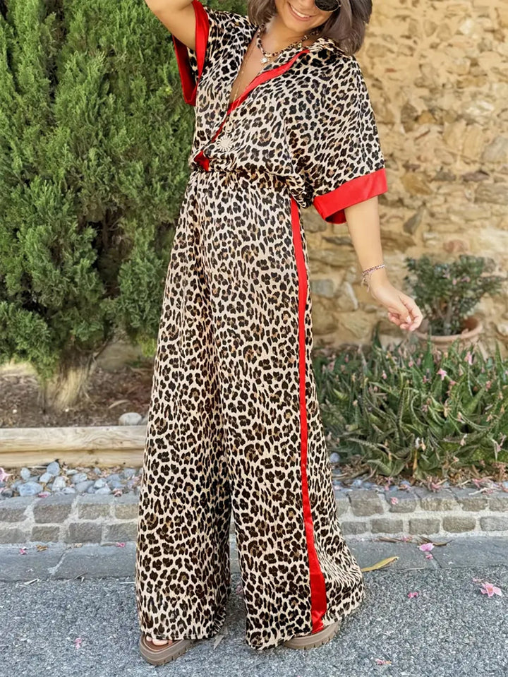 Damen elegante und bequeme Leinen-Jumpsuit mit Leopardenmuster und Kontraststreifen W&W Mode