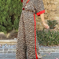 Damen elegante und bequeme Leinen-Jumpsuit mit Leopardenmuster und Kontraststreifen WW