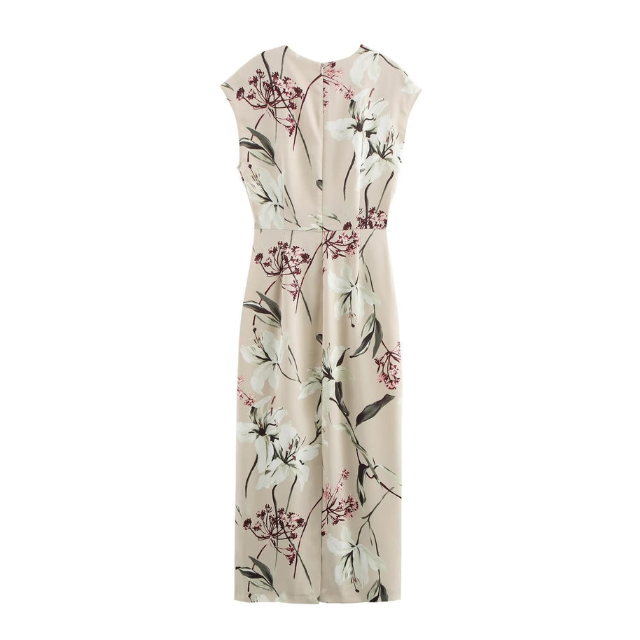 WW | V-Ausschnitt Texturiertes Floral-Print Midi-Kleid