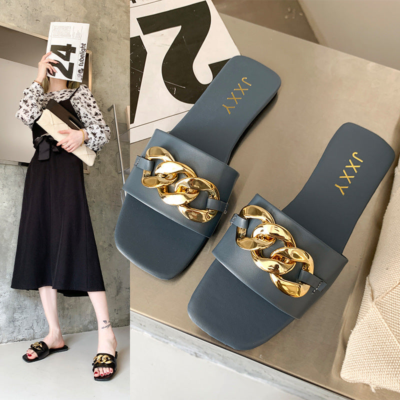 Damen Riemchen-Pantoletten mit luxuriösem Kettenakzent und komfortablem Fußbett WW