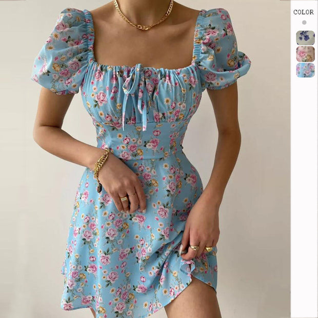 Damen Blütenmuster Mini-Kleid mit Puffärmeln WW