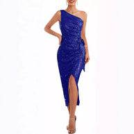 Damen asymmetrisches Abendkleid mit Pailletten und hohem Schlitz WW