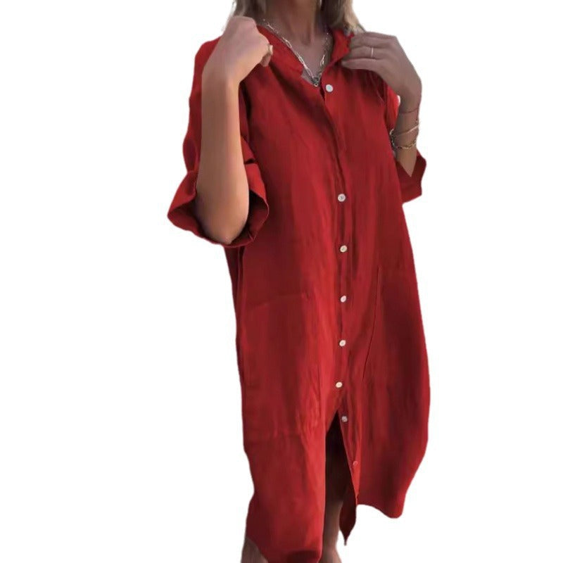 W&W Mode | Lässiges Baumwoll-Leinen Shirtkleid mit dreiviertelärmeln