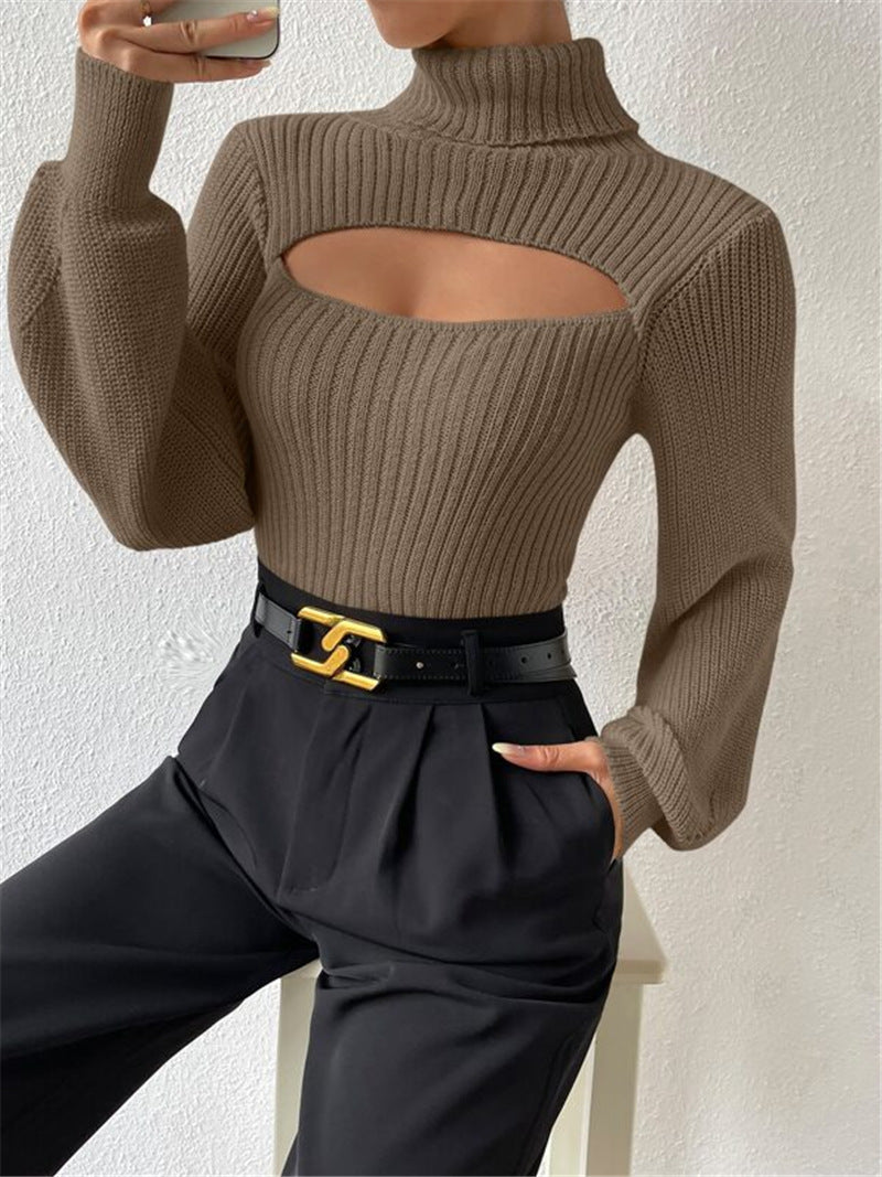 Damen Strickpullover mit Trendigem Cut-Out und Hohem Kragen WW