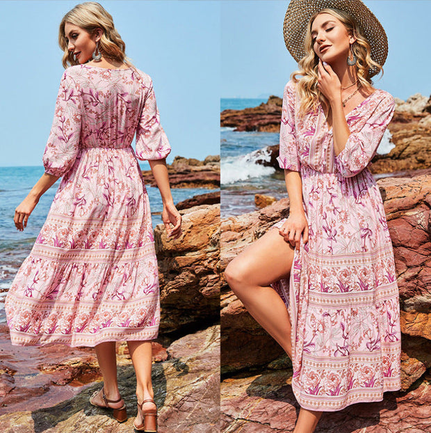 WW | Damen Midikleid mit V-Ausschnitt und Blumenmuster