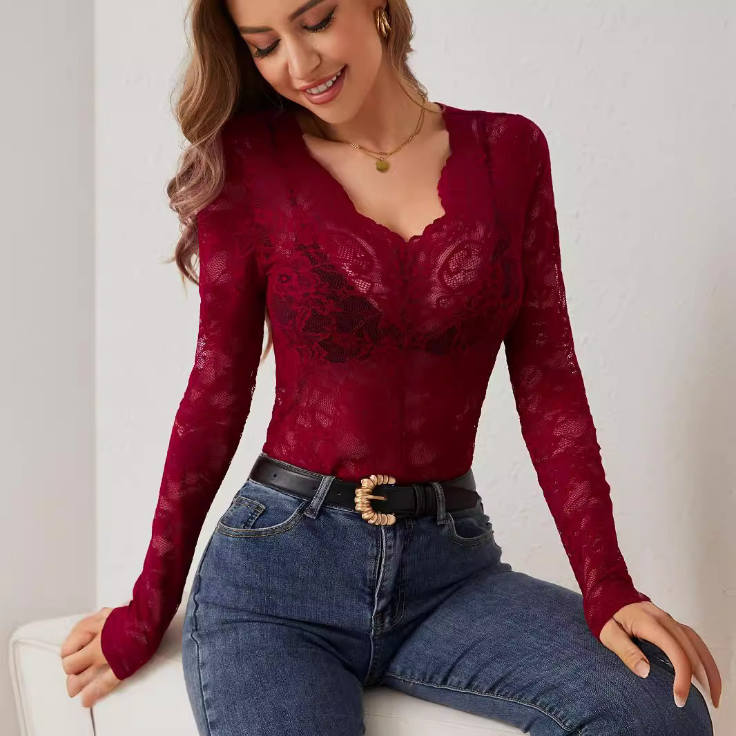 WW | Spitzen-Fächer-förmiges Dekorations-Basisshirt Top