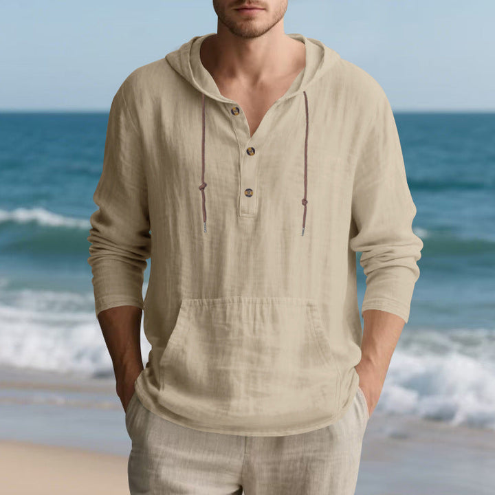 Herren nan leichtes Kapuzen-Henley aus Leinen-Baumwollmix mit Kängurutasche und Knopfleiste W&W Mode