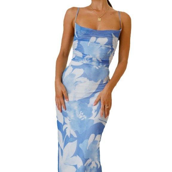 Damen ärmelloses Maxikleid mit floralem Print und elastischer Korsett-Taille WW