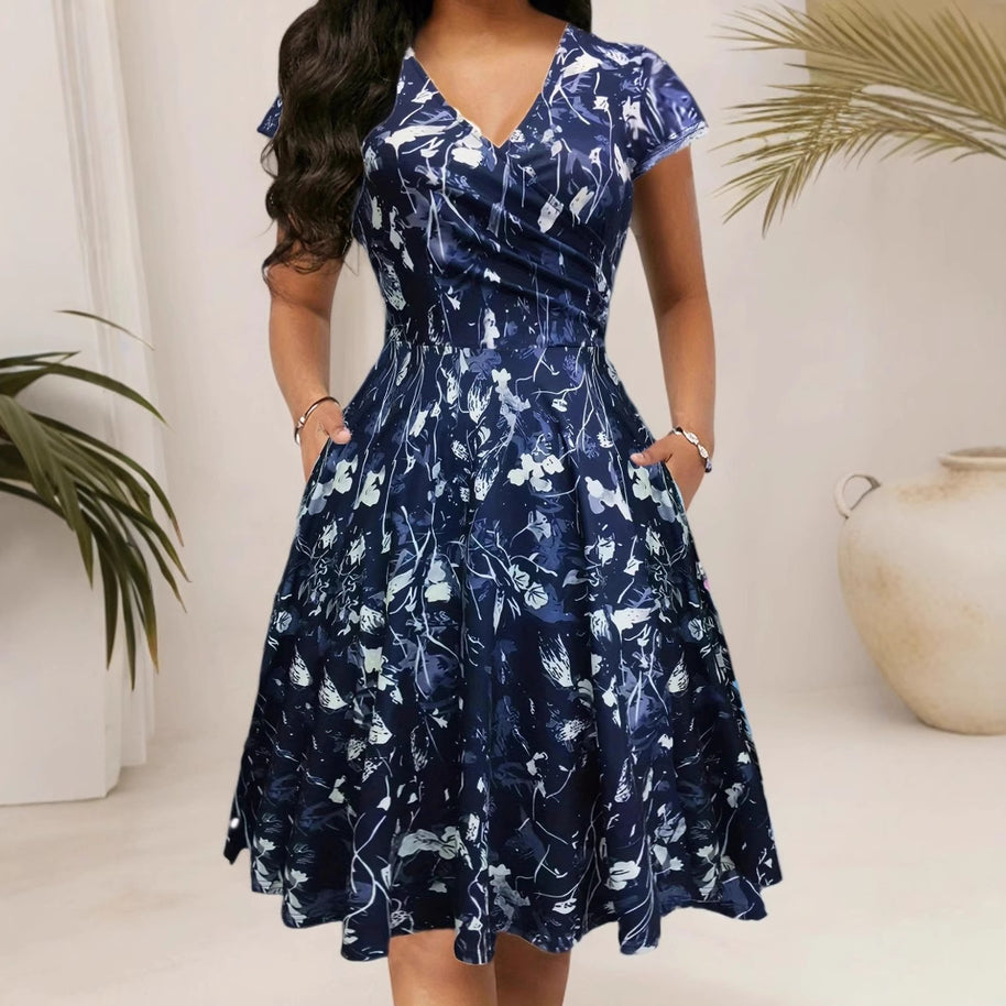 Damen Blumenkleid mit V-Ausschnitt und Taschen WW