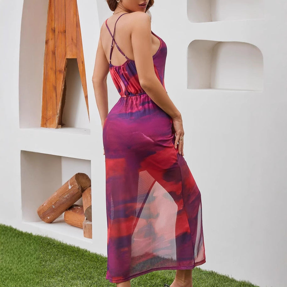 WW | Gedrucktes Schlitz-Top elastisches Taillen Kleid