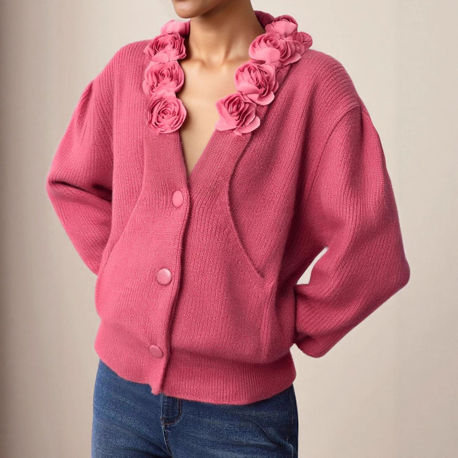 Damen Strickjacke mit floraler Applikation und tiefem V-Ausschnitt WW