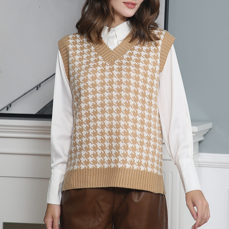 Damen Strickweste mit modernem Hahnentritt-Muster WW