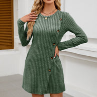 Damen Strickkleid mit hochwertigem Rippdesign und dekorativen Knöpfen WW
