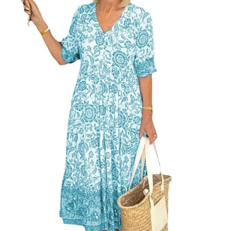 WW | Dreiviertelärmeliges langes floral gefärbtes Tie-Dye Druckkleid