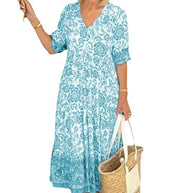 WW | Dreiviertelärmeliges langes floral gefärbtes Tie-Dye Druckkleid