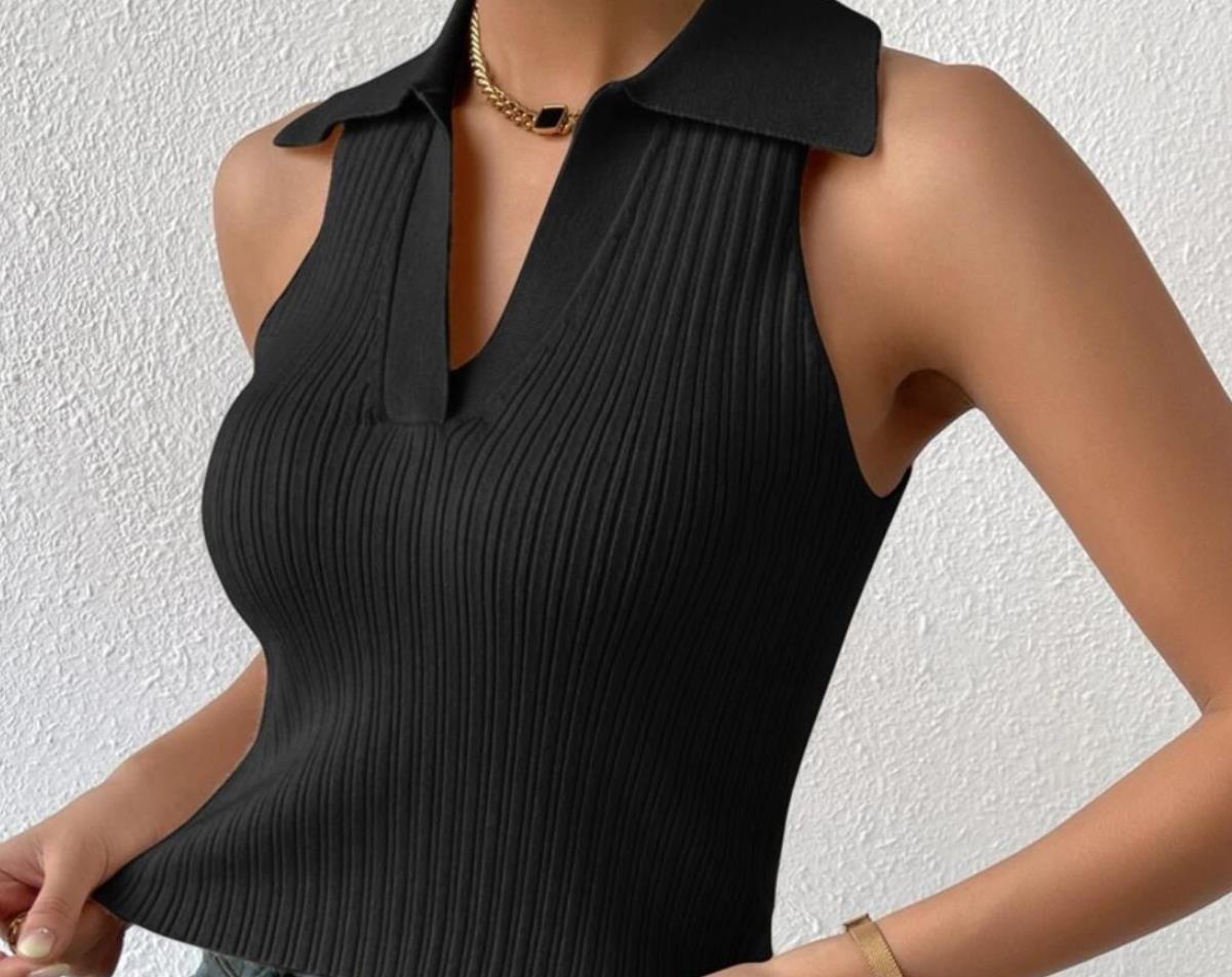 Damen Ärmelloses Strickoberteil mit modischem Kragen und Rippstruktur WW